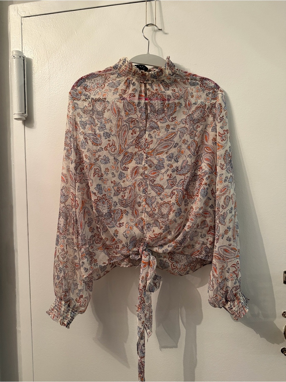 1. State Ivory Paisley Tie-Front Blouse with Ruffle Neck